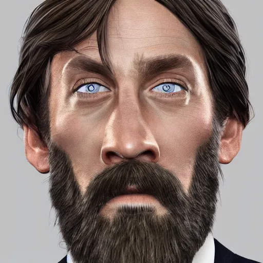 Prompt: a highly detailed portrait of a man, with a brown beard and hair, blue eyes, wearing a tuxedo, photo, hyperrealism, digital art