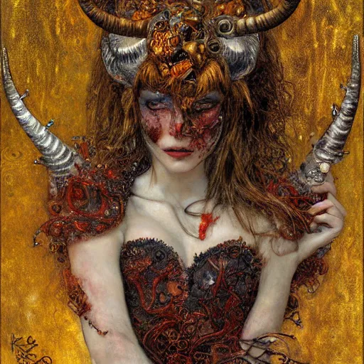 Prompt: horned demon, intricate detail, klimt, royo, whealan,