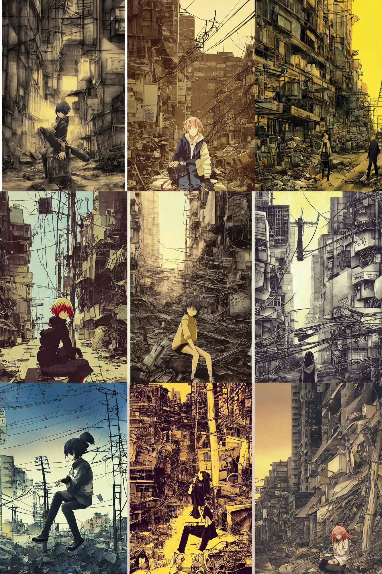 Prompt: anime, tatsuyuki tanaka movie poster, pale yellow sky, shinjuku, koji morimoto, masamune shirow, foggy, colossal robot, bright sun bleached ground, paper texture, distant shot of hoody girl sitting in deserted dusty shinjuku junk town, old pawn shop, tangled overhead wires, telephone pole, dusty, dry, 4k, dynamic camera angle, deep 3 point perspective, fish eye, dynamic scene