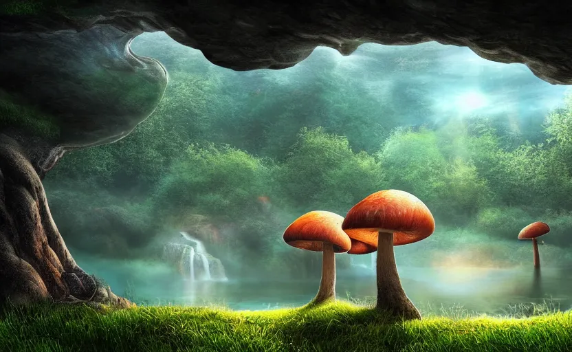 Image similar to a beautiful and stunning professional digital artwork of a humongous mushroom cave, haze, waterfall, lake, spores in the air, volumetric lighting, hyperrealistic, sunset, rtx on, ultra detail