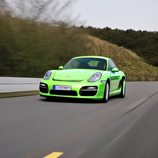 Image similar to a peridot green 2 0 1 1 porsche cayman r driving, 4 k