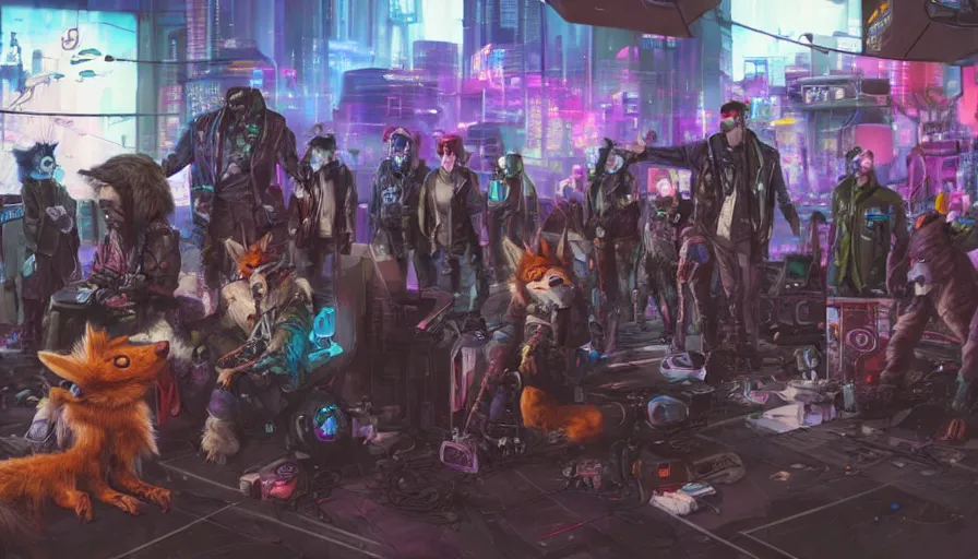 Image similar to high - resolution photograph from a cyberpunk era furry fandom convention ( midwest furfest 2 0 4 7 ), taking place after the genetic revolution and quantum singularity. photorealistic.