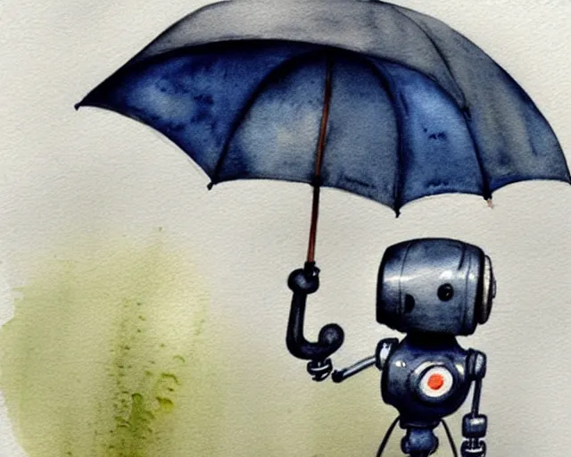 Image similar to a cute little robot holding an umbrella in the rain. gray sky, rain clouds, heavy rain. watercolor painting by jean - baptiste monge, muted colors