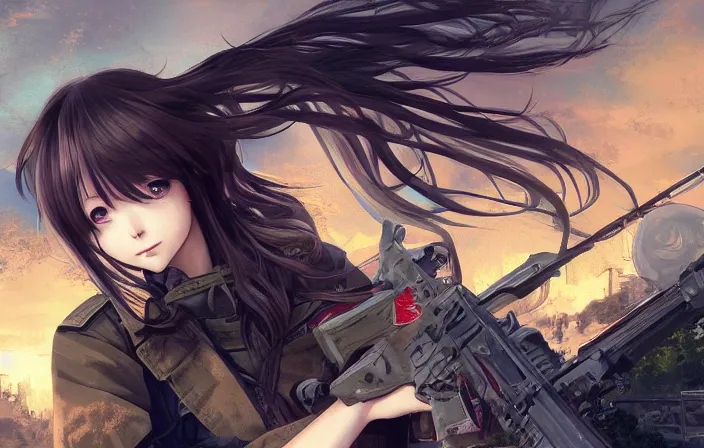 Prompt: under heavy fire, realistic face, infantry girl, anime style, symmetrical facial features long hair, hair down, explosions, wallpaper, from girls frontline, hyper realistic, pale skin, rule of thirds, extreme detail, 4 k, detailed drawing, trending artstation, realistic lighting, trading card, by alphonse mucha, greg rutkowski, sharp focus, backlit