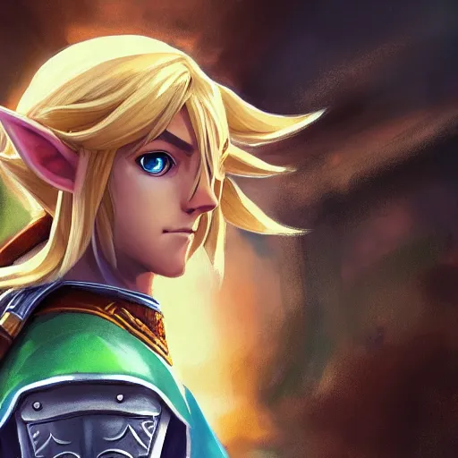 Prompt: front centered symmetrical RPG avatar portrait, Link legend of zelda as a young knight, blonde hair, ornate armour, dramatic lighting, cinematic, establishing shot, high detail, cinematic lighting, post processed, 8k, concept art, artstation, matte painting, in the style of eddie mendoza, raphael lacoste, alex ross