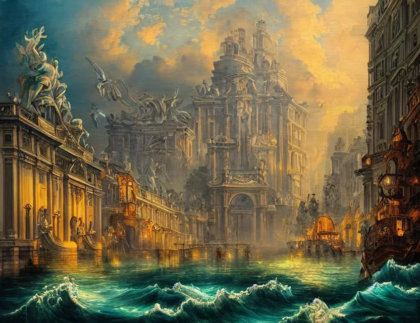 Prompt: ocean spirit lost in a metropolis. this rococo and art noveau painting by the award - winning artist has dramatic lighting, an interesting color scheme.