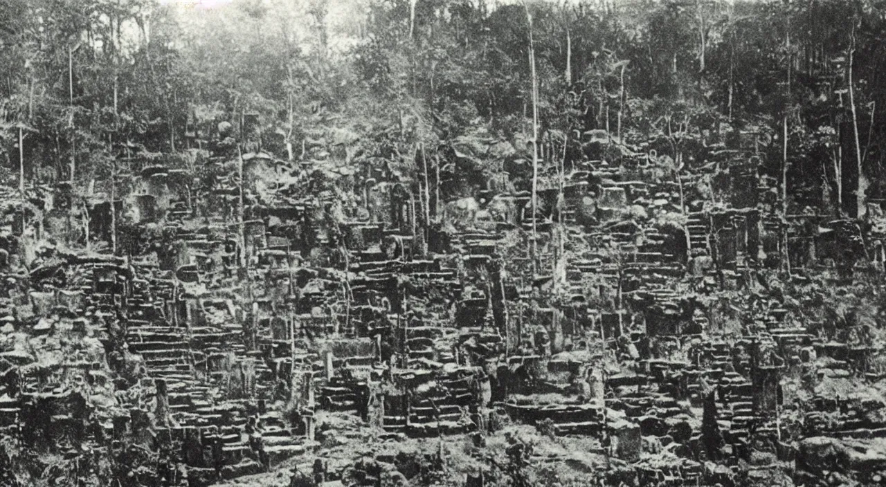 Image similar to a 1900s grainy photo of a lost city found in amazonia's forest