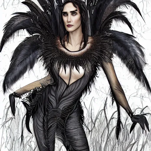 Prompt: jennifer connelly as odile the black swan, gray skin, disney villain, black feathers instead of hair, black feathers growing out of skin, losing control, black feathers growing out of face, black hands with black claws, gothic, in opulent library, highly detailed, comic book, romantic, mike mignogna, david mack, trending on artstation