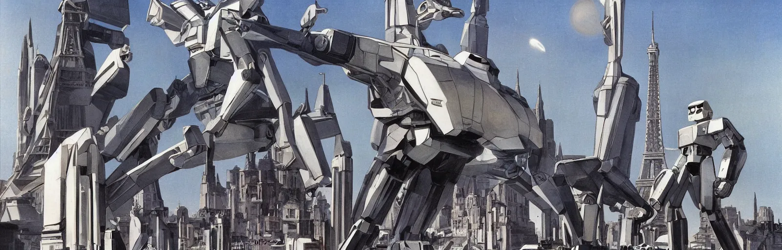 Prompt: ralph mcquarrie art from the 1969 movie MECHA-CONCORDE vs ROBO-EIFFEL the giant humanoid Eiffel Tower battles the swan-like superplane above the streets of paris-futur - starring ALAIN DELON and Simon Cowell- art direction by moebius hq production still technicolor