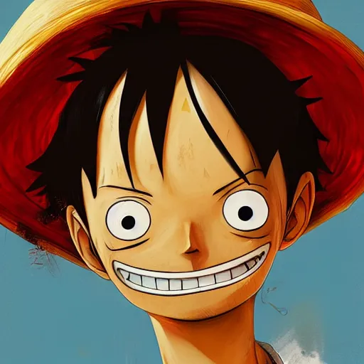 Prompt: portrait of Luffy From one piece looking to camera smiling , artwork and style by Sergey Kolesov, arstation,