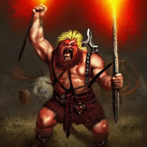 Prompt: masterpiece digital painting portrait of gotrek! ( troll slayer dwarf ) yelling, frenzy, punk hair style, red hair, epic, cinematic lights, huge axe, by boris vallejo and johan grenier, warhammer battle, artstation, pinterest, unreal engine, 8 k, detailed