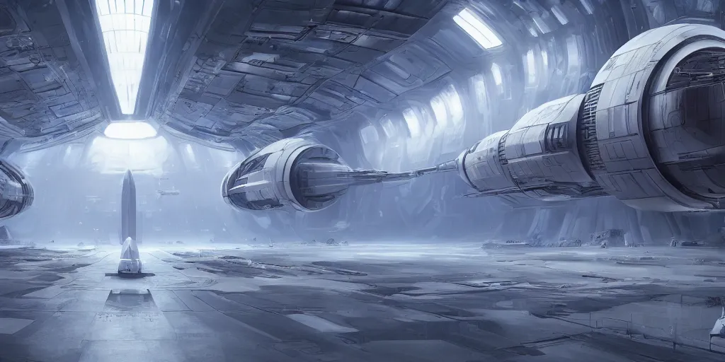 Image similar to one thousand aligned cryogenic pods, spaceship hangar, symmetrical, sci-fi, cryogenic pods, many cryogenic pods, interior, fantasy, 4k, wide shot, matte painting, oil painting, concept art, art station, star wars style