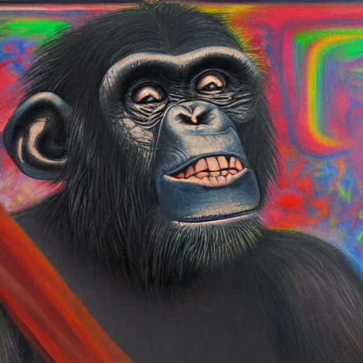 Image similar to portre of an autistic demonic chimpanzee on acid, masonic and kabalistic symbols in background, oil painting