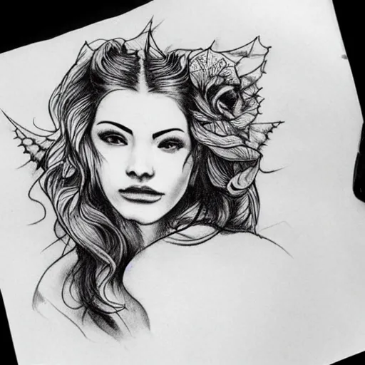 Image similar to tattoo design sketch of a beautiful girl face and beautiful mountains, hyper realistic