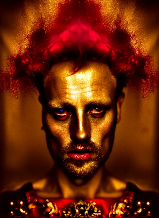 Image similar to 'Portrait of Crowned King Arthur' by Lee Jeffries royally decorated, whirling plasma, atmospheric motes, red and gold Sumptuous garb, gilt silk fabric, radiant colors, fantasy, perfect lighting, studio lit, micro details,