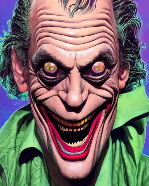 Image similar to christopher lloyd as the joker, big smile, grotesque, horror, high details, bright colors, striking, intricate details, by vincent di fate, artgerm julie bell beeple, 1 9 8 0 s, inking, vintage 8 0 s print, screen print