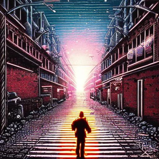 Prompt: a lone soldier stands on illuminated grid in a ruined city street by dan mumford
