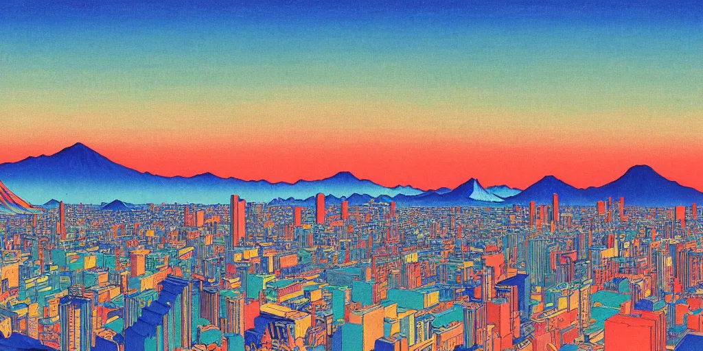 Image similar to skyline of a large metropolis, large mountain looming in the background, acid and dreaming psychedelic hallucinations, by kawase hasui, moebius and edward hopper, colorful flat surreal design, hd, 8 k, artstation
