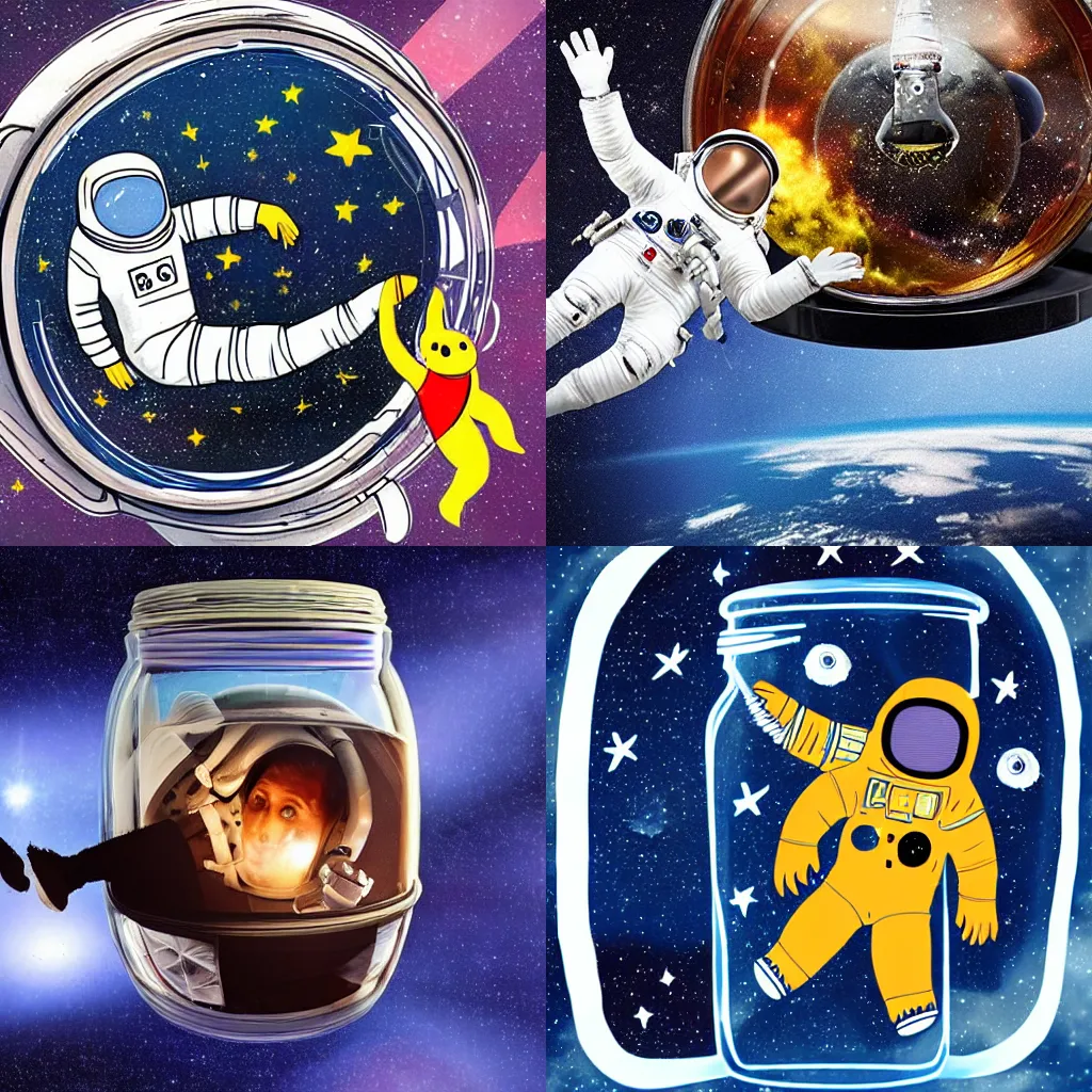 Prompt: an astronaut inside a jar trying to escape