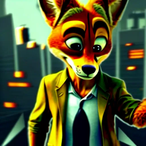 Prompt: nick wilde as max payne 3 set in gritty neo - noir zootopia