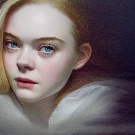Image similar to Elle Fanning lost in limbo in the world of Adam Wyeth, head and shoulders portrait, stormy weather, extremely detailed masterpiece, oil on canvas, low-key neon lighting, artstation, Blade Runner 2049, Roger Deakin’s cinematography, by J. C. Leyendecker and Peter Paul Rubens and Edward Hopper and Michael Sowa,
