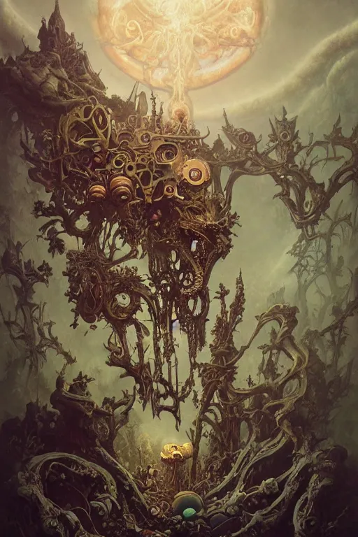 Prompt: evil gigantic biomechanical skull of death, fantasy painting, ultra realistic, wide angle, art nouveau, intricate details, rainbowshift, vivid colors, highly detailed by peter mohrbacher, maxfield parrish, aaron horkey, gaston bussiere, craig mullins