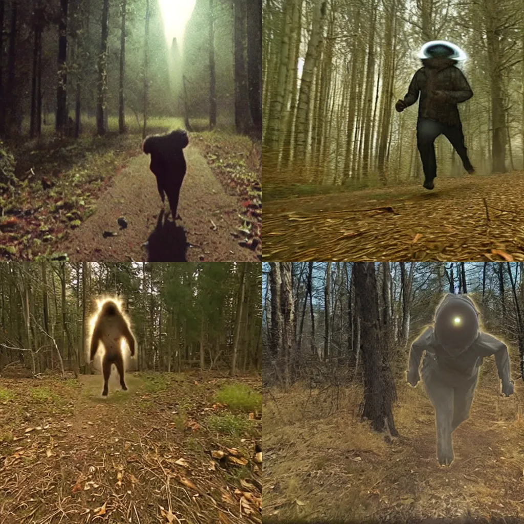 Prompt: first-person footage of a skinwalker running towards the camera
