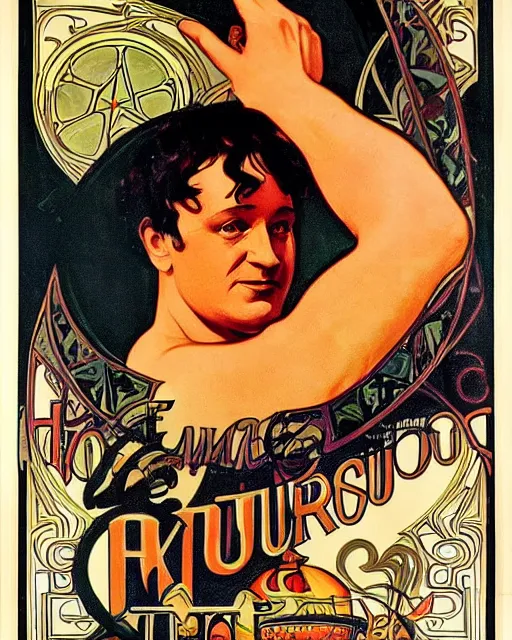 Image similar to of vintage poster of harry houdini by kerne erickson and alphonse mucha