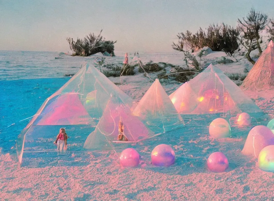 Image similar to a vintage family holiday photo of an empty beach from an alien dreamstate world with chalky pink iridescent!! sand, reflective lavender ocean water, dim bioluminescent plant life and an igloo shaped plastic transparent bell tent surrounded by holiday clutter opposite a pit with an iridescent blue flame flickering. refraction, volumetric, light.