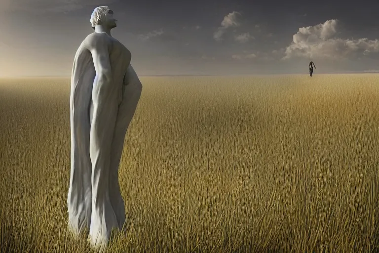 Prompt: a white marble statue of man withered grass vicissitude octane render detailed surrealism by vladimir kush