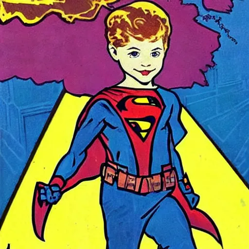 Prompt: a cute little boy with a mischievous face and short ginger hair. he is dressed as a superhero. well composed, clean elegant painting, beautiful detailed face. comic book art by steve ditko and jack kirby and ( alphonse mucha )