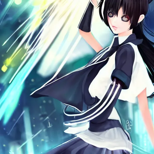 Image similar to luxury advertisement, astonishing artwork of a very beautiful dancing anime schoolgirl with black bob hair in style of cytus and deemo, full perfect face, she is dancing, set in Half-life. Realistic, highly detailed background, Pixiv, 120 degree view, drawn by Sasoura, Satchely and Akihiko Yoshida, no distortion