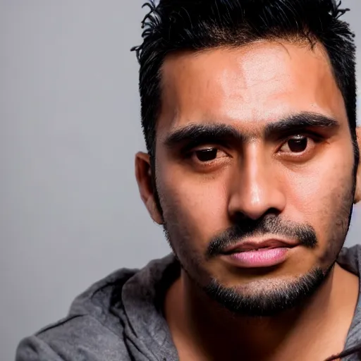 Image similar to close up of face of good looking 3 5 year old peruvian man with clean shaven face, no beard, thin face, small eyes, very short straight black hair in a quiff style, color portrait, 4 k