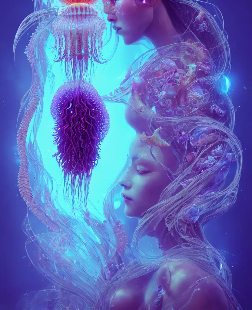 Image similar to goddess close-up portrait. orchid jellyfish phoenix head, nautilus, skull, betta fish, bioluminiscent creatures, intricate artwork by Tooth Wu and wlop and beeple. octane render, trending on artstation, greg rutkowski very coherent symmetrical artwork. cinematic, hyper realism, high detail, octane render, 8k