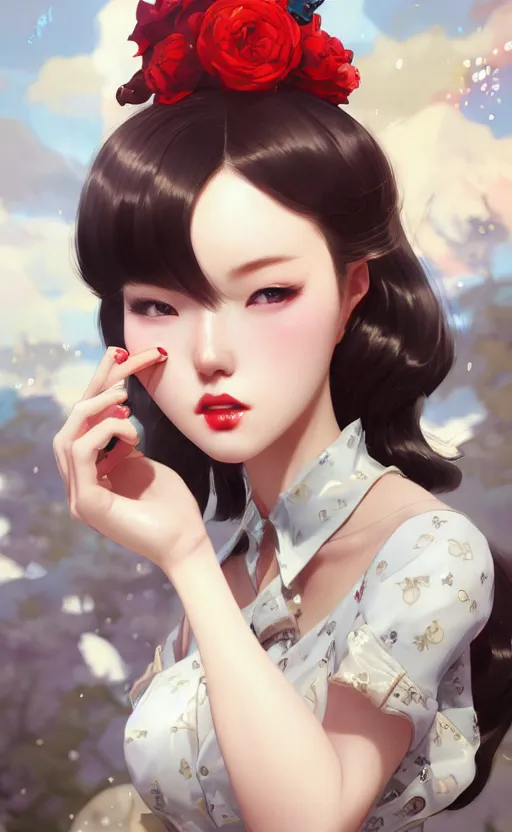 Image similar to a pin up and beautiful fashion charming dreamlke korea girl with lv jewelry, character art, art by artgerm lau and kyoung hwan kim and and ilya kuvshinov and john singer sargent, hyperdetailed, 8 k realistic, symmetrical, frostbite 3 engine, cryengine, dof, trending on artstation, digital art