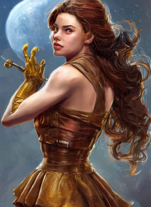 Prompt: beautiful female dorothy gale, rebecca romijn as dorothy, full body character concept, covered in full iron armor, super powers, fantasy, intricate, elegant, highly detailed, digital painting, artstation, concept art, shining, sharp focus, illustration, art by stanley lau