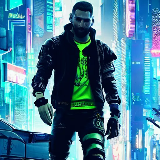 Prompt: Messi as cyberpunk, cyberpunk 2077, detailed, Octane, 8K resolution,