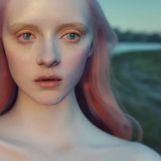 Image similar to photographic portrait of a stunningly beautiful english virgin renaissance female in soft dreamy light at sunset, beside the river, soft focus, contemporary fashion shoot, in a denis villeneuve and tim burton movie, by edward robert hughes, annie leibovitz and steve mccurry, david lazar, jimmy nelsson, extremely detailed, breathtaking, hyperrealistic, perfect face, octane render