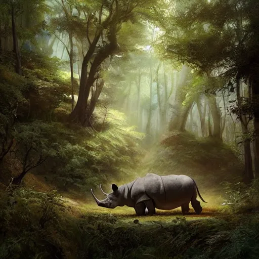 Prompt: a painting of a rhino in a forest, a detailed matte painting by marc simonetti, behance contest winner, fantasy art, matte painting, concept art, matte drawing. masterpiece