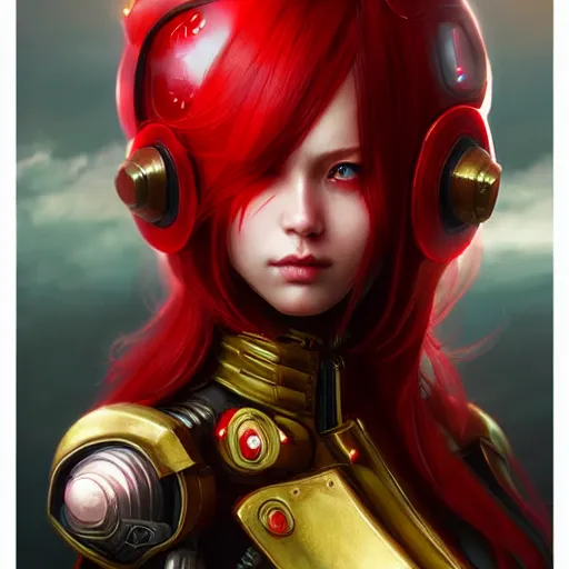 Image similar to cute red armored cyborg - girl by ross draws, long gold hair, yellow eyes, rtx reflections, octane render 1 2 8 k, extreme high intricate details by wlop, digital anime art by tom bagshaw, black shadows, stylized shading