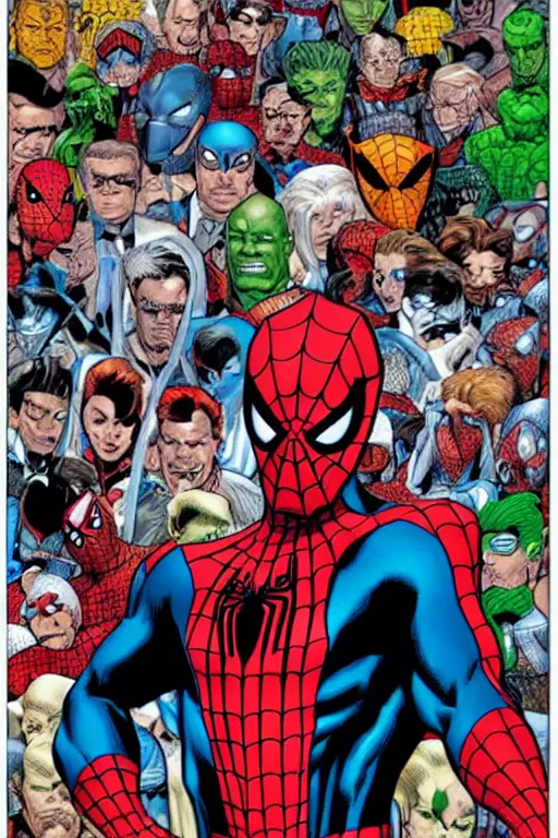 Image similar to a poster of Spider-man standing in front of his villains, by Mark bagley