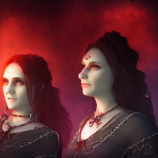 Image similar to A portrait of two Gothic goddesses of fire jewels in an empty land, dark and mysterious, volumetric lighting, lively atmospheric, cinematic, 8k, 4k, ultra detail, ultra-realistic, rendered by DeviantArt