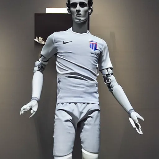 Image similar to “ a realistic detailed photo of a guy who is an attractive humanoid who is half robot and half humanoid, who is a male android, soccer player antoine griezmann, shiny skin, posing like a statue, blank stare, at the museum, on display ”