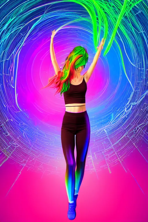 Image similar to a award winning half body portrait of a beautiful woman with stunning eyes in a croptop and leggings with rainbow colored ombre hairstyle head in motion and hair flying while dancing by thomas danthony, surrounded by whirling illuminated lines, outrun, vaporware, shaded flat illustration, digital art, trending on artstation, highly detailed, fine detail, intricate