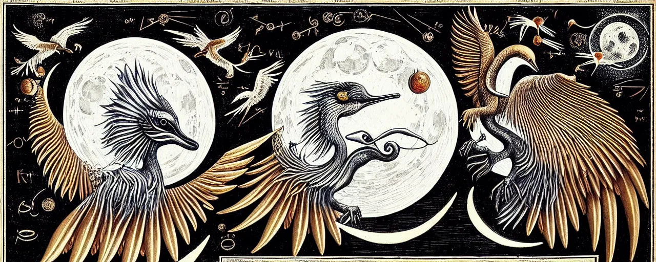 Image similar to a simorgh sings a unique canto'as above so below'to the moon, while being ignited by the spirit of haeckel and robert fludd, breakthrough is iminent, glory be to the magic within, in honor of saturn, painted by ronny khalil