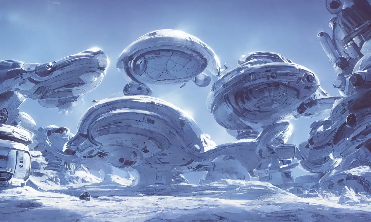 Image similar to snow alien landscape of an unexplored world, cinematic lighting, cinematic angle, Syd Mead, Federico Pelat, daylight, blue sky, spaceship in the sky