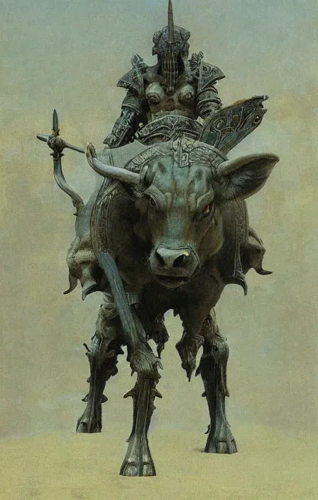 Image similar to minotaur in ancient armor, beksinski, ruan jia,