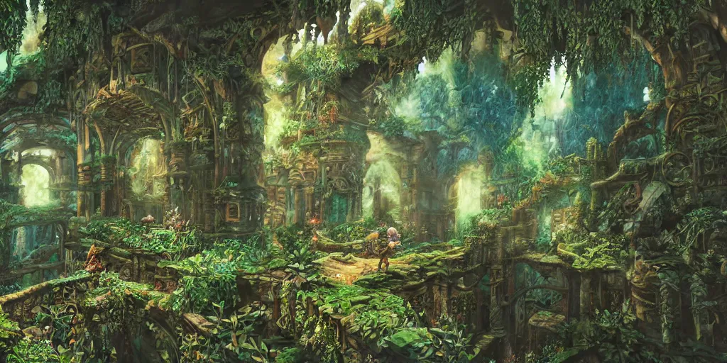 Image similar to ancient magical overgrown ruins, mysetrious etherial mesmerizing atmosphere, beautiful lighting, childhood wonder and nostalgia, extremely intricate, hyper detailed, hd, legend of zelda, masterpiece