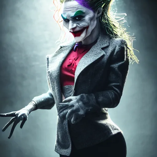 Image similar to full body pose, hyperrealistic photograph of female joker, dim volumetric lighting, 8 k, octane beautifully detailed render, extremely hyper detailed, intricate, epic composition, cinematic lighting, masterpiece, trending on artstation, very very detailed, stunning, hdr, smooth, sharp focus, high resolution, award, winning photo, dslr, 5 0 mm