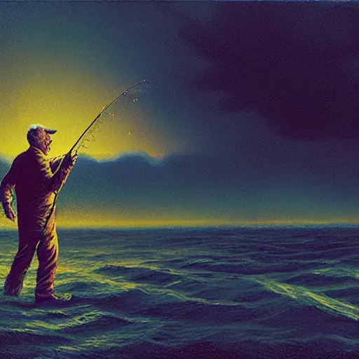 Prompt: UHD photorealistic Cosmic Zombie Alfred E. Newman fishing in a radioactive lake of fire, in the style of tonalism by Greg Rutkowski